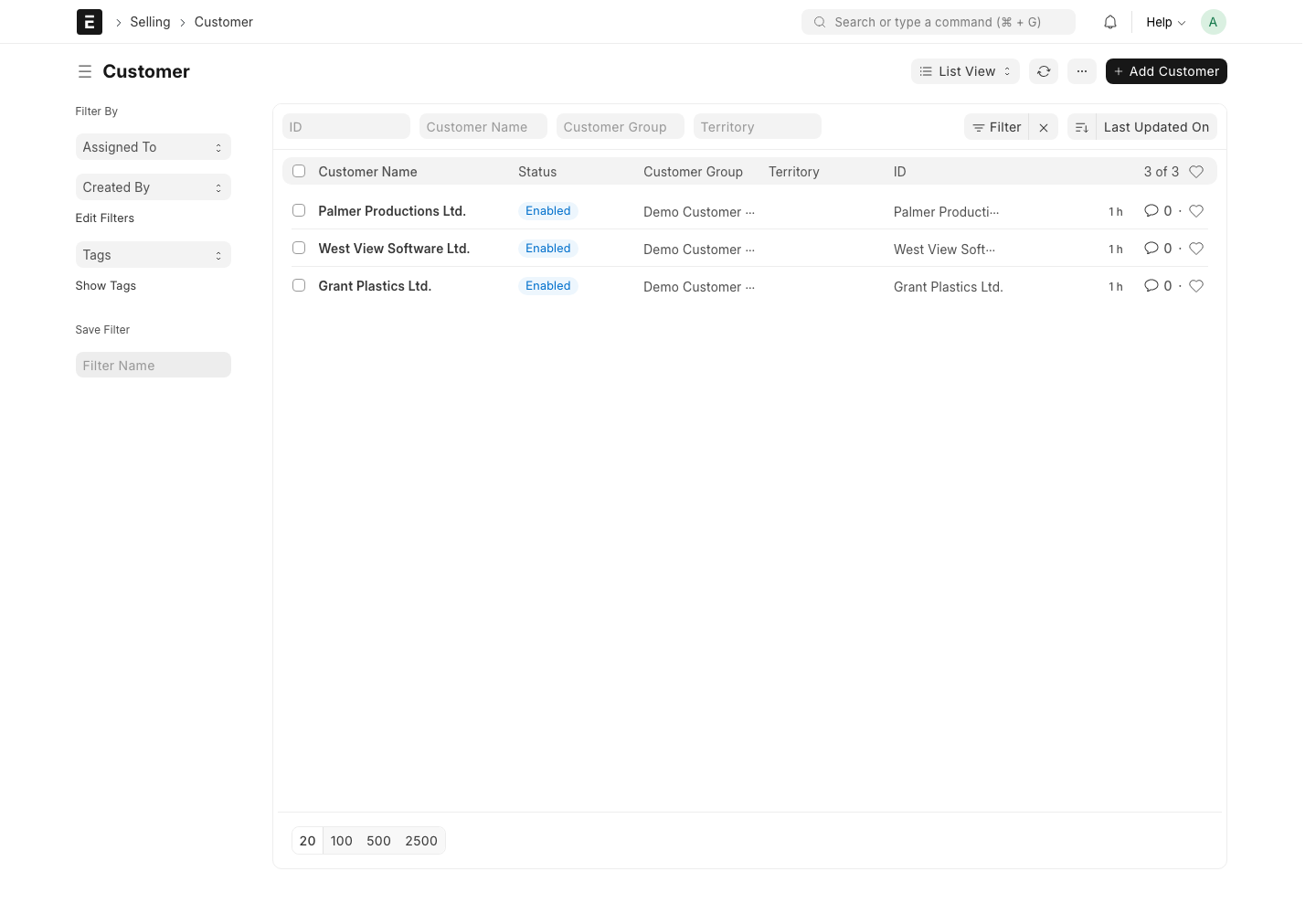 ERPNext Customer 목록의 필터, Status, Customer Group, Territory 열