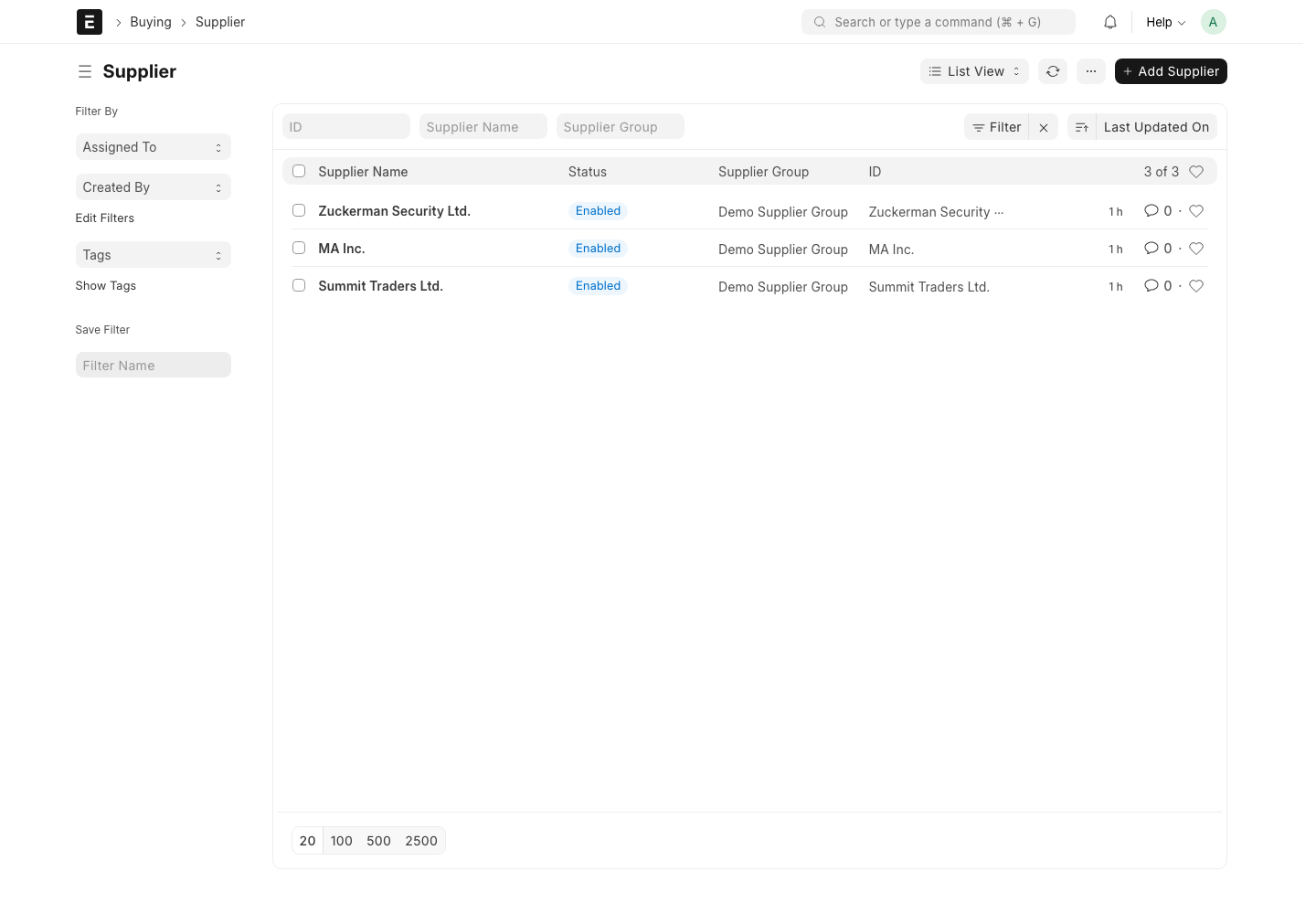 ERPNext Supplier 목록의 Supplier Name, Status, Supplier Group 열