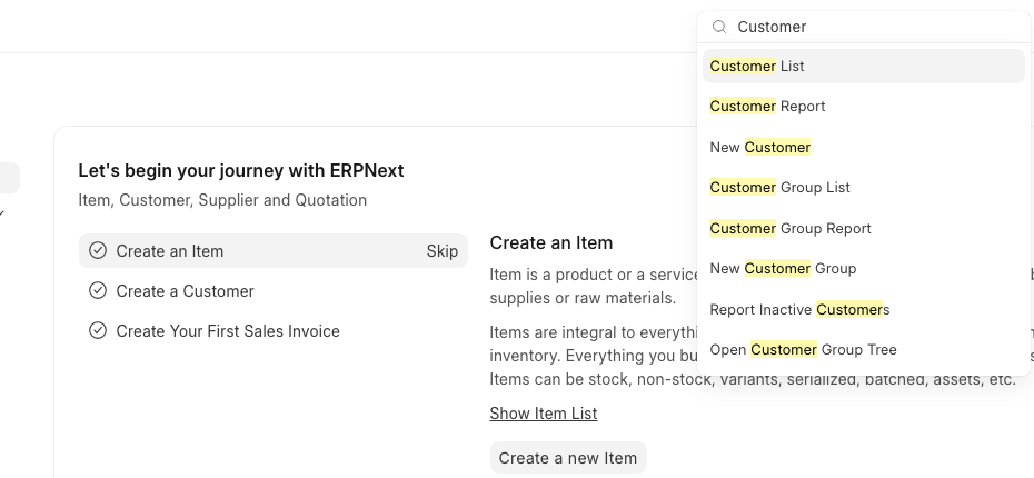ERPNext Global Search에서 Customer를 검색한 화면