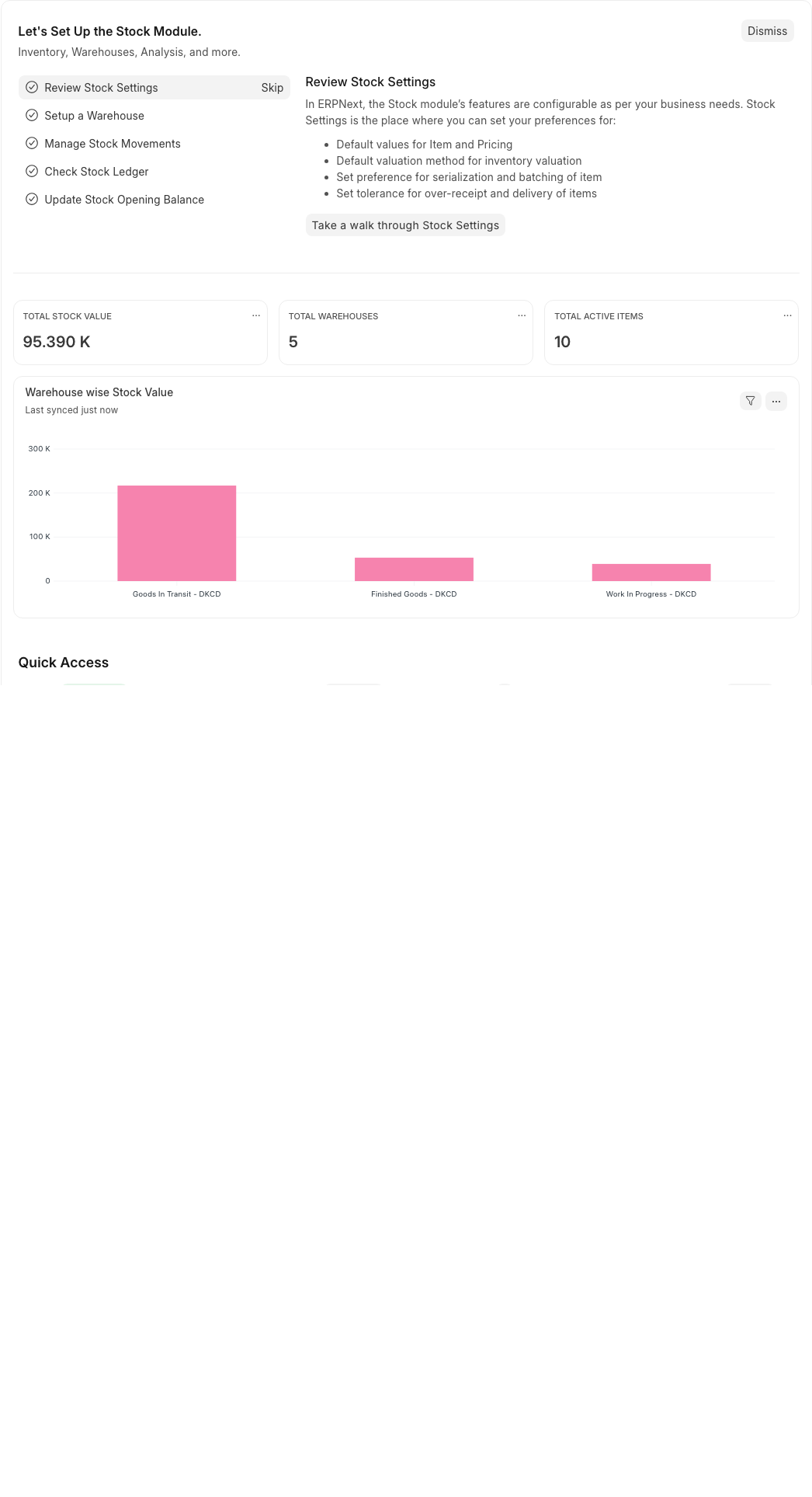 ERPNext Stock 워크스페이스의 설정 점검 항목과 재고 현황 카드