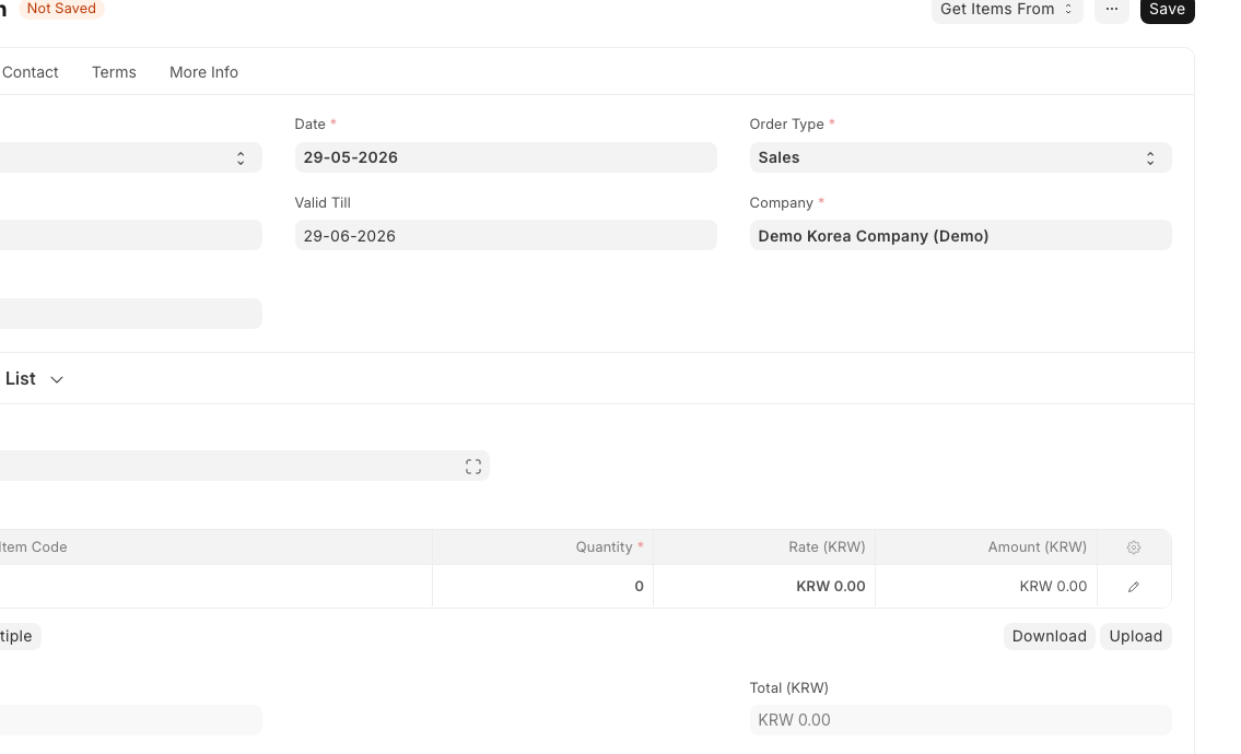 ERPNext Quotation 초안 화면의 Not Saved, Date, Valid Till, Order Type, Company, Items 영역