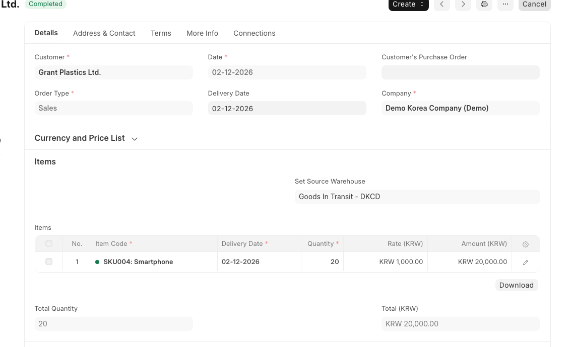 ERPNext Sales Order 상세의 Customer, Date, Delivery Date, Warehouse, Items 영역